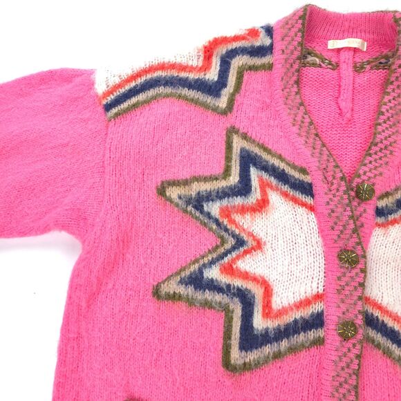 VITA GRACE Wool Mohair Carousel Fair Isle Fuzzy Knit Cardigan Oversized Boho - Picture 7 of 9